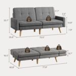 Gizoon Futon Sofa Bed, 70.9" Futon Couch with Adjustable Backrest, Removable Armrest for Extended Length, Mid Century Modern Loveseat for Living Room, 6 Wood Legs, 2 Metal Support Rods, Dark Grey - Image 4