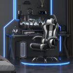 Yaheetech Gaming Chair, Video Game Chair with Massage Lumbar Support and Footrest Height Adjustable Ergonomic Computer Gaming Chair with Swivel Seat and Headrest, Black/White - Image 3