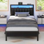 Furnulem Twin Size Bed Frame with Charging Station and LED Lights, Platform Bed with Metal Slats, Grey Upholstered Headboard with 2-Tier Storage Shelves, No Box Spring Needed - Image 2