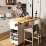 Rolling Mobile Kitchen Island Cart with Desktop Drop Leaf Countertop, Island Table Storage with 5 Wheels, Rolling Kitchen Cabinet with Power Socket (White, with countertop) - Image 3
