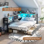 Hasuit Corner Bed Frame with Storage Bookcase, Twin Daybed with Storage Drawers Underneath, Kids Bed Unit with Charging Station and LED Light, Black & Gray Modern Bed Frame Twin Size - Image 5