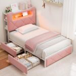 Twin Upholstered LED Bed Frame with 2 Storage Drawers and 2-Tier Storage Bookcase Headboard, Velvet Princess Platform Bed for Kids/Girls/Boys, Heavy Duty Metal Support, No Box Spring Needed, Pink - Image 2
