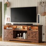 Casaottima TV Stand for 65 Inch TV, Farmhouse Entertainment Center with Power Outlet & LED Light and Storage Cabinets, Console Table and Media Furniture for Living Room Bedroom, Walnut - Image 2