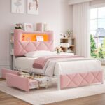 Twin Upholstered LED Bed Frame with 2 Storage Drawers and 2-Tier Storage Bookcase Headboard, Velvet Princess Platform Bed for Kids/Girls/Boys, Heavy Duty Metal Support, No Box Spring Needed, Pink - Image 9