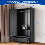 Metal Armoire Wardrobe Closet with 2 Doors 72'' Wardrobe Cabinet with Drawers and Hanging Rail Metal Closet with Adjustable Shelves for Bedroom. (Black, with 1drawer) - Image 3
