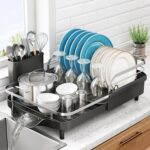 Dish Drying Rack, Expandable Dish Rack for Kitchen Counter, Stainless Steel Dish Drainer with Drainboard Set and Utensil Holder (Black) - Image 2