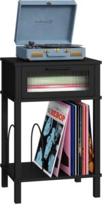 End Table with Record Player Stand, Side Table with Storage, 2-Tier Nightstand with Drawer and Record Holder, Modern Black Bedside Table for Living Room Bedroom MLBZ18B - Image 2