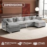 Ihanherry 146" U-Shaped Modern Sofa Modular Sectional Cloud Couch with 2 Ottoman, 6-Seat Chenille Deep Seat Sofa with 6 Pillows for Living Room, Bedroom and Apartment, Grey - Image 3