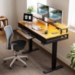 AODK Electric Standing Desk with Drawers & Keyboard Tray, 55 Inch Height Adjustable Gaming Desk with Power Outlets & LED Lights, Sit Stand Table with Monitor Stand for Home, Office, Rustic Brown - Image 3