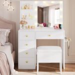IRONCK Vanity Desk with Mirror and Lights, Small Makeup Vanity Table with 5 Drawers, Power Outlet, and Vanity Stool, 3 Lighting Colors, Dressing Table for Women Girls Bedroom, White - Image 5