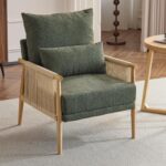 Karl home Cozy Chenille Accent Chair with Lumbar Pillow & Rattan Arms Modern Lounge Chair for Living Room, Bedroom, Reading Nook, Green - Image 2