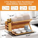 Greenual Bamboo Dish Drying Rack with Utensil Holder, 3 Tier Collapsible Dish Rack, Wooden Dish Racks for Kitchen Counter, Large Folding Drying Holder with Absorbent Dish Drying Mat - Image 3