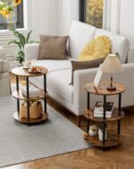 Small Round End Table - 3 Tier Design Accent Table, Narrow Side or Bedside Stand, Industrial Vintage Nightstand for Bedroom, Living Room, or Small Spaces, Rustic Brown - Image 6