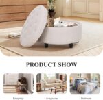 COLAMY Fabric Round Storage Ottoman with Reversible Tray Lid – Multi-Functional Footrest, Hidden Storage, Sturdy & Stylish Small Coffee Table for Living Room, Bedroom, or Entryway(Beige) - Image 6
