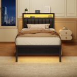 Furnulem Twin Size Bed Frame with Charging Station and LED Lights, Platform Bed with Metal Slats, Grey Upholstered Headboard with 2-Tier Storage Shelves, No Box Spring Needed - Image 7