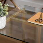 Martha Stewart Eli Home Office Desk with Glass Top and Steel Frame, Polished Brass - Image 9