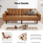 80'' Leather Couch, Futon Sofa Bed, Faux Leather Couch with Adjustable Backrest, 2 Cup Holders & Side Pockets, Mid Century Modern Sofa for Living Room, Bedroom, Brown - Image 7