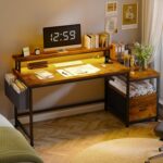 EnHomee 57" Office Desk with Drawers and Printer Space,Computer Desk with Power Outlets,Home Office Desks with File Drawers Cabinet,Study and Gaming Desk with Shelves Monitor Stand,Rustic Brown - Image 8