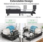 Dish Drying Rack, Expandable Dish Rack for Kitchen Counter, Stainless Steel Dish Drainer with Drainboard Set and Utensil Holder (Black) - Image 3