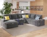 PaPaJet U Shaped Couch, 112 Inch Oversized Couch with Storage Chaise, Sectional Sofa with Cup Holders & 2 USB Ports, Corduroy Grey Sofa - Image 3