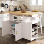 Rolling Mobile Kitchen Island Cart with Desktop Drop Leaf Countertop, Island Table Storage with 5 Wheels, Rolling Kitchen Cabinet with Power Socket (White, with countertop) - Image 5