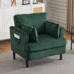 Karl home Modern Accent Chair, Corduroy Upholstered Armchair with 2 Pillow & Side Pocket, Sofa Barrel Chair with Solid Legs, Comfy Reading Chair for Living Room, Bedroom, Office, (Dark Green) - Image 2