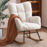 Nursery Rocking Chair, Teddy Upholstered Glider Rocker with High Backrest Armchair, Modern Rocking Accent Chairs for Nursery, Living Room, Bedroom, Offices (Ivory) - Image 2