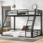 Twin XL Over Queen Bunk Bed Frame with Noise Reduced Design, Heavy Buty Floor Bunk Bed Twin XL Over Queen Bunk Beds with Build in Ladder for Adults, Teens(Black Floor Bunk Bed) - Image 2