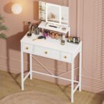Small Makeup Vanity Desk with 3 Fabric Drawers, Vanity Table 11.8" D x 27.5" W with Mirror and Lights and Height-Adjustable Stand, Vanity for Girls Gifts, Bedroom and Small Spaces, White - Image 2