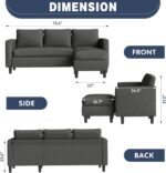 Shintenchi Small Sectional Couch Sofas, 3 Seat L Shape Sofa with Ottoman, Fabric Upholstered Convertible Sofa Couches, Small Couch for Apartments, Living Room and Office (Black) - Image 3