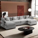 Ihanherry 146" U-Shaped Modern Sofa Modular Sectional Cloud Couch with 2 Ottoman, 6-Seat Chenille Deep Seat Sofa with 6 Pillows for Living Room, Bedroom and Apartment, Grey - Image 2