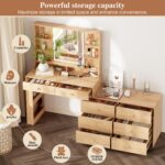 Large Makeup Vanity Desk with Mirror and Lights, Vanity Desk with 8 Drawers & Storage Shelves, Vanity Table with Power Outlet, 3 Color Modes & Adjustable Brightness Dressing Table, Bedroom,Oak - Image 3