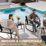 Devoko 3 Piece Rocking Bistro Set Wicker Patio Outdoor Furniture Porch Chairs Conversation Sets with Glass Coffee Table (Beige) - Image 8