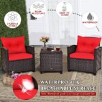 Tangkula 3 Pieces Patio Furniture Set, PE Rattan Wicker 3 Pcs Outdoor Sofa Set w/Washable Cushion and Tempered Glass Tabletop, Conversation Furniture for Garden Poolside Balcony (Red) - Image 9