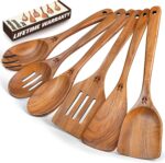 Wooden Spoons for Cooking, 6 Pcs Natural Teak Wooden Kitchen Utensils Set, Cooking Utensils Set with Long & Comfort Grip, Wooden Spoons Spatula Set Perfect for Non-Stick Cookware - Image 2