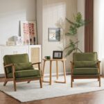 Karl home Accent Chair Wide Armrest Mid-Century Lounge Chair Linen Fabric Armchair with Lumbar Pillow & Solid Wood Frame for Living Room, Bedroom, Balcony, Green - Image 8