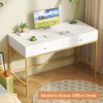 SUPERJARE Vanity Desk with Drawers, 47 inch Computer Desk, Modern Simple Home Office Desks, Makeup Dressing Table for Bedroom - White and Gold - Image 6