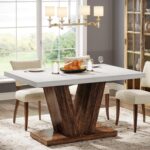 Tribesigns 47-Inch Dining Table for 4, White Kitchen Dinner Table with Heavy Duty Pedestal, Farmhouse Wooden Eating Table for Home, Dining Room, Small Space, White & Brown - Image 4