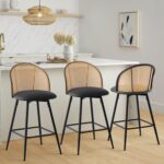 Black Bar Stools Set of 3, Swivel Counter Stools with Rattan Back & Metal Legs, 26" PU Leather Barstools Counter Height, Mid Century Modern Bar Chairs Island Stools for Kitchen Counter - Image 2