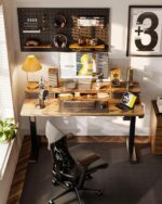 FEZIBO 48'' x 24'' Height Adjustable Electric Standing Desk with Double Drawer, Home Office Stand Up Table with 4 Height-Adjustable Feets & 2 Hooks, Vintage Brown - Image 3