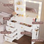 IRONCK Vanity Desk with Mirror and Lights, Small Makeup Vanity Table with 5 Drawers, Power Outlet, and Vanity Stool, 3 Lighting Colors, Dressing Table for Women Girls Bedroom, White - Image 6