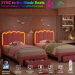 Twin Upholstered LED Bed Frame with Storage Drawer and Adjustable Chic Double Wavy Headboard, Velvet Princess Platform Bed for Girls/Kids, Solid Wood Slats Support, No Box Spring Needed, Pink - Image 6