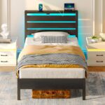 Rolanstar Bed Frame Twin Size with USB Charging Station, LED Bed Frame with Wood Storage Headboard, Black Metal Platform Bed with Under Bed Storage, No Box Spring Needed, Noise Free - Image 2