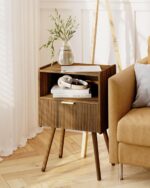 Nightstand,Modern Bedside Table with Storage Drawer and Open Wood Shelf, for Living Room, Bedroom and Small Spaces, Accent Night Stand with Solid Wood Legs, Easy Assembly,Walnut Brown - Image 6