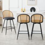 Black Bar Stools Set of 3, Swivel Counter Stools with Rattan Back & Metal Legs, 26" PU Leather Barstools Counter Height, Mid Century Modern Bar Chairs Island Stools for Kitchen Counter - Image 8