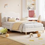 GarveeHome Upholstered Twin Size Bed Frame for Kids with Scallop Headboard, Cute Velvet Twin Bed for Girls, Boys, Sturdy Platform Bed, No Box Spring Needed, Wooden Slats, Noise Free, White - Image 2