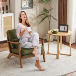 Karl home Accent Chair Wide Armrest Mid-Century Lounge Chair Linen Fabric Armchair with Lumbar Pillow & Solid Wood Frame for Living Room, Bedroom, Balcony, Green - Image 5