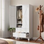 71" Tall Metal Wardrobe Cabinet with 2 Drawers and Hanging Rod, 2 Doors Armoire Wardrobe Closet with Shelf for Bedroom, Office, Laundry Room, White - Image 3