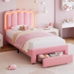 Twin Upholstered LED Bed Frame with Storage Drawer and Adjustable Chic Double Wavy Headboard, Velvet Princess Platform Bed for Girls/Kids, Solid Wood Slats Support, No Box Spring Needed, Pink - Image 2