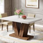 Tribesigns 47-Inch Dining Table for 4, White Kitchen Dinner Table with Heavy Duty Pedestal, Farmhouse Wooden Eating Table for Home, Dining Room, Small Space, White & Brown - Image 2